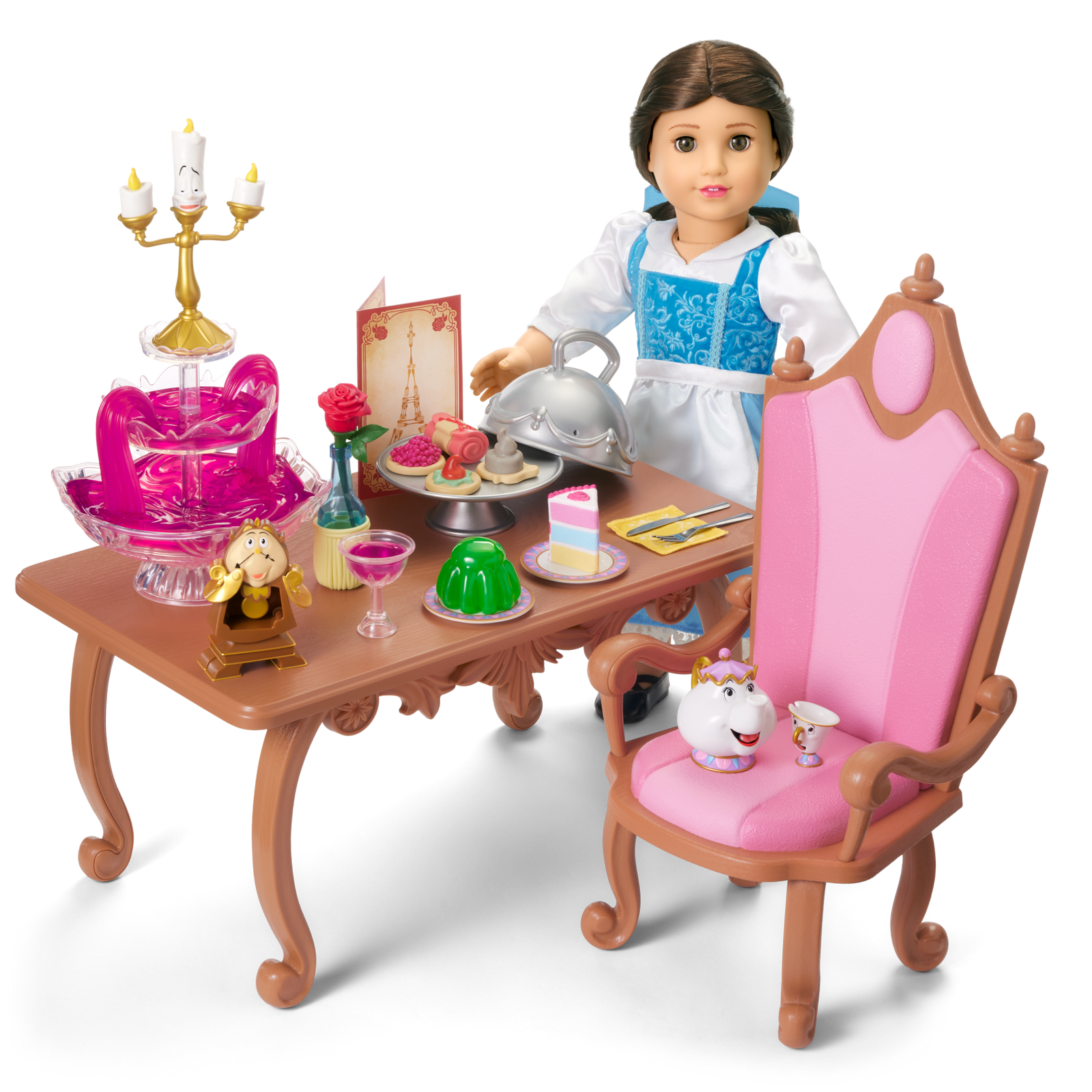 Disney Princess Belle Enchanted Castle Dining Set, Blue Dress & Friends Bundle for 18-inch Dolls H1