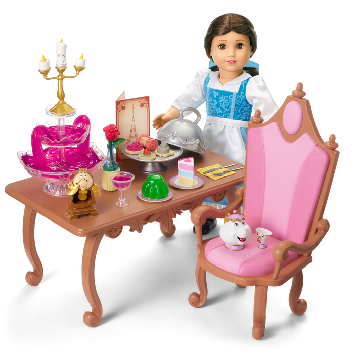Disney Princess Belle Enchanted Castle Dining Set, Blue Dress & Friends Bundle for 18-inch Dolls H1